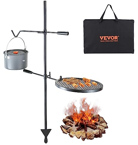 VEVOR Grille de Feu de Camp Pivotante avec Poteau 122,5 cm Gril de Camping 2 Couches 1 Filet en Diamant 36x36 cm 1 Crochet Grille de Cuisson en Acier Hauteur Réglable pour Foyer Barbecue en Plein Air