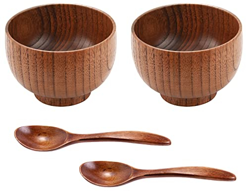 Ocnvlia 4 Pieces Wooden Handmade Bowl and Spoon for for Rice Serving Home Kitchen Tableware
