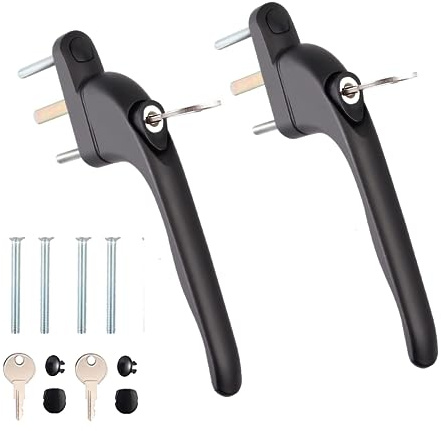 WODSTA UPVC Window Handle Black 2PCS Lockable Window Handle Aluminum White Universal Espag Handles with Key with 43mm Spindle Length for Indoor and Outdoor UPVC Window |Black|