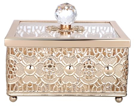 SUMTree Metal JewelrJy Box Trinket Organizer with Lid for Earrings Rings Jewelry Trinkets, Square Vintage Box for Birthday, Wedding, Mothers Days Gifts, 15 * 15 * 8.5cm (Gold)