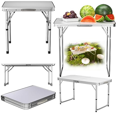 VickyHome 60x40x26 cm Weißer Mteall Klappbarer Garten Camping Picknick Tisch, Hochleistungsklappbarer Bocktisch Schreibtisch Esstisch aus Kunststoff für Grillpartys