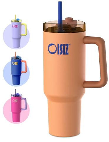 OISIZ Vaso de 40 onzas con asa y tapa con pajilla, botella de agua de acero inoxidable, reutilizable, aislada al vacío, taza de café de viaje, apta para portavasos, tapa para beber o tragar, a prueba