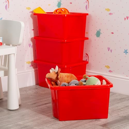Wham Stack & Store 4 x 30L Plastic Storage Boxes | Ideal for Toys, Classrooms & Playrooms | Stackable & Nestable | Integrated Handles | Made in UK - Red