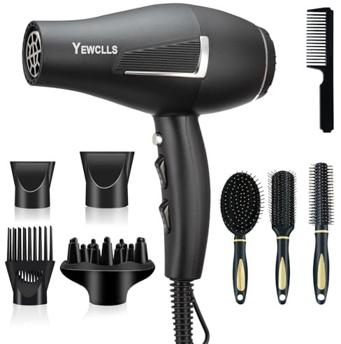 Sèche-cheveux ionique Salon de séchage rapide 2100W Sèche-cheveux professionnel 2 concentrateur 4 peignes 1 diffuseur Salon familial à friser avec bouton froid (Noir)