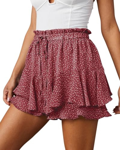 Oyamiki Boho Womens Skirts Active Chiffon High Waisted Floral Print Wine Red Shorts Charming Ruffle Skirt XL