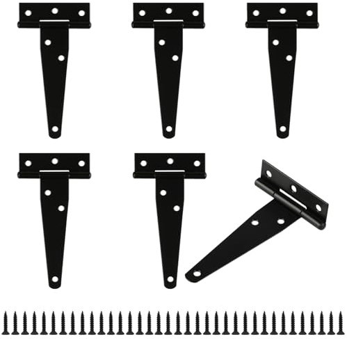 Lot de 6 Charnières en T, Noires Charnière Porte de Grange, Charnières de Portes, Charniere Plate Inox pour Portails, Abris de Jardin, Placard - 4 Pouces