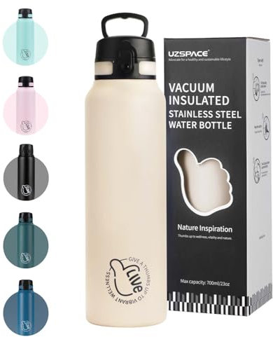UZSPACE Stainless Steel Water Bottle 1l (970ml) - Double-Walled Insulated Water Bottles That Keep Drinks Cold & Hot - Leakproof Drinking Bottles for Adults - Ideal for Outdoors & Sports Cream White