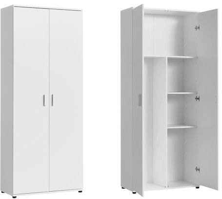 Haushaltsschrank 75 cm breit mit Fach für Staubsauger, Putzschrank mit Einlegeböden für Reinigungsmittel, Besen & Wischer, Vielseitiger für Hauswirtschaft, Flur & Keller, 75x35x184 cm (BxTxH), Weiß