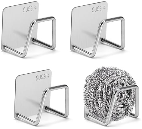 Tunejoy Soporte de Esponja para Fregadero de Cocina Porta Esponja de Acero Inoxidable Ganchos Adhesivos Rack de Almacenamiento de Tapa para Paño de Cocina 4 Piezas Plata