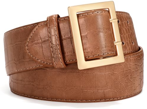 VONMELLI Women Wide Leather Belt for Jeans Dress Fashion Belts for Women Gold Buckle Ladies Waist Belt for Coat Brown Gold Buckle L