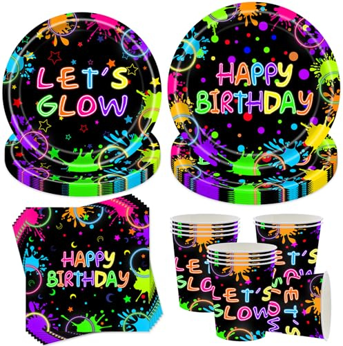 50 Stück Happy Brithday Neonfarbenes Partygeschirr Set,Glow Party Partygeschirr Set,Neonfarbenes Partyzubehör Geburtstage,Mit Teller Becher Servietten,Geburtstag Deko,Party Geschirr für 10 Gäste