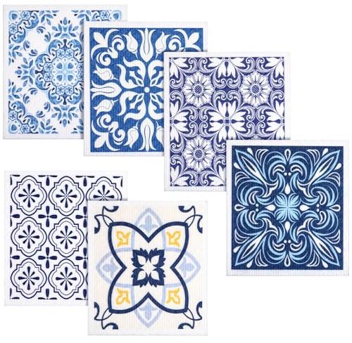 ElevateTech 6Pcs Swedish Dishcloths for Kitchen, Reusable Absorbent Hand Towels Cute Pattern Decorate Washable for Cooking Kitchen Home Decoration Housewarming Gift Blue