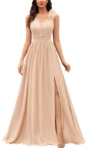 MIUSOL Women's Vintage V-Neck Sleeveless Sequined Lace Split Wedding Formal Evening Maxi Dress