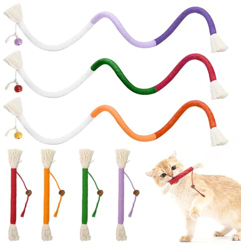 7Pcs Cat Chew Toy Bite Rope, 3 Kitten Teething Chew Toy Rope and 4 Natural Matatabi Silvervine Chew Sticks, Cats Snaky Rope Toys, Natural Safe Cat Nips Toys for Kittens Teeth Cleaning Stress Release