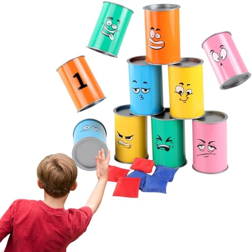 Bean Bag Toss Game | Carnival Can Toss Game For Kids Adults | Knock Down Tin Can Alley Gamee | 10 Metal Tins And 6 Sandbag Indooor Outdoor Throwing Toy | Carnival Games For Holiday, Birthday And