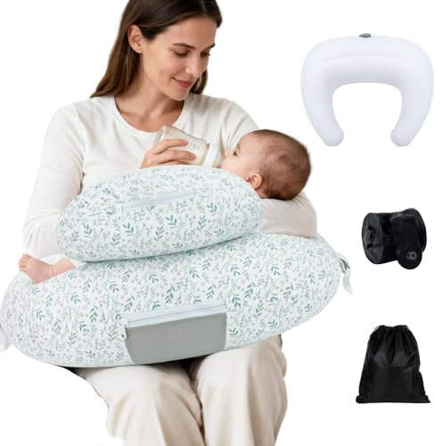 KAKIBLIN Coussin d'allaitement Gonflable, Coussin d'allaitement pour soulager Les douleurs dorsales avec Sangle de Taille, Confort d'allaitement et Support de biberon, Amovible et Lavable (brindille)