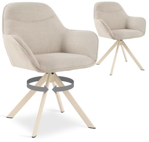 Goeurvant Juego de 2 Sillas de Comedor, Giratorias 360°, Silla Tapizada de Lino con Reposabrazos, Sillón Moderno de Estilo Nórdico con Patas de Metal para Comedor Salón, Beige