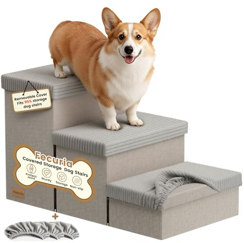 Fecuria 3-Step Wide Dog Stairs 18 H with Removable Cover, Non-Slip Storage Pet Steps for High Bed Couch, Pet Stairs for Small/Medium/Large Old Dogs Puppy Up to 200lbs, Cat Dog Steps for Car, Grey