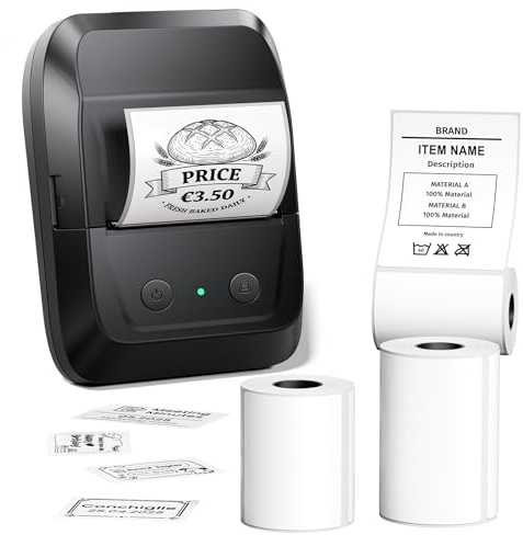 Memoking Etichettatrice Bluetooth con Etichette con 3 rotoli di etichette larghe,Stampante Etichette Adesive, Thermo Label Printer per codici a barre, logo, indirizzo, vendita al dettaglio, ufficio