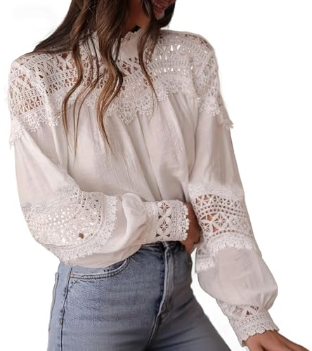 Camicetta da Donna in Pizzo con Maniche a Campana e trafori Scollo a Lupetto Casual Leggera alla Moda Stile Boho