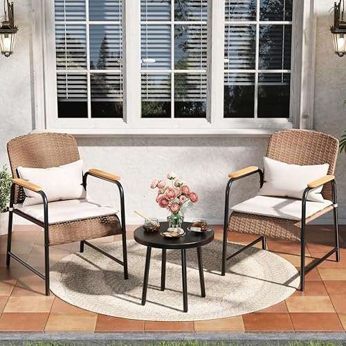 JOYURE 3 Pieces Outdoor Patio Furniture Set,All-Weather Wicker Rattan Bistro Set with Coffee Table and Cushions for Yard,Garden,Balcony,Beige