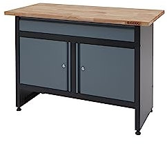 BiGDUG Garage Workbench Drawer Cabinet - Workshop Storage Workstation - 842H x 1200W x 600D mm - 1x Drawer & 2 Door Cupboard - Black/Grey