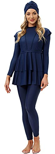 seafanny Women Modest Swimsuit Long Sleeve Burkini Full Cover Muslim Swimwear Blue 14-16