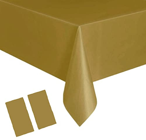 YAAVAAW 2 Piezas 137 * 274cm Mantel Desechable con Dorado,Mantel de Plastico Rectangular Impermeable y Antimanchas,Decoración de Mesa para Cumpleaños Infantil,Exterior Jardin,Fiesta,Bodas,Navidad