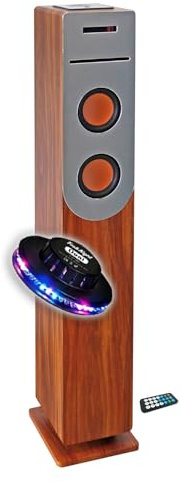 gef-roy Enceinte Colonne Finition Bois avec Lecteur CD, Bluetooth, FM et USB, 100W, télécommande, Jeu de lumière OVNI LED