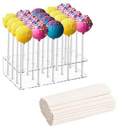 Pagezol Lollipop Holder Display Stand 20 Holes Clear Acrylic Cake Pop Stand Holder with 100 Pcs Paper Sticks for Wedding Baby Shower Birthday Party Halloween Christmas Candy Decorative