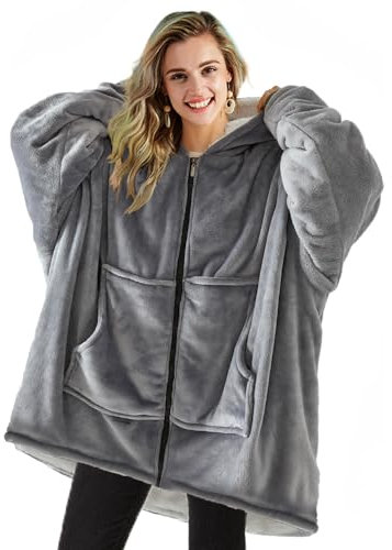 TOWINGO Sudadera con Capucha, Bata Polar Mujer con Cremallera Invierno, Sudadera Manta de Gran Tamaño, Talla Única, Gris