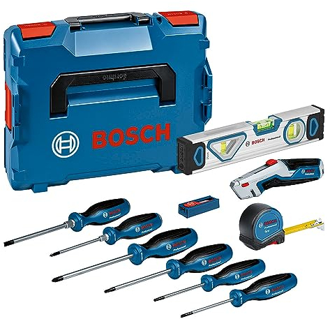 Bosch Professional Handwerkzeug-Set, 13-teilig (inkl. 6x Schraubendreher, 1x Maßband 5 m, 1x Wasserwaage 25 cm, 1x Messer, 10x Ersatzklinge, 2x L-BOXX-Einlage, L-BOXX)