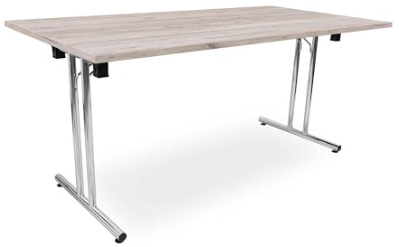 Besprechungstisch klappbar, Klapptisch Gestell Chrom gerader Fuß, Schreibtisch Maße 140x80 oder 160x80cm, Konferenztisch platzsparend stapelbar, hauseigene Fertigung (Eiche modern, 140 x 80 cm)