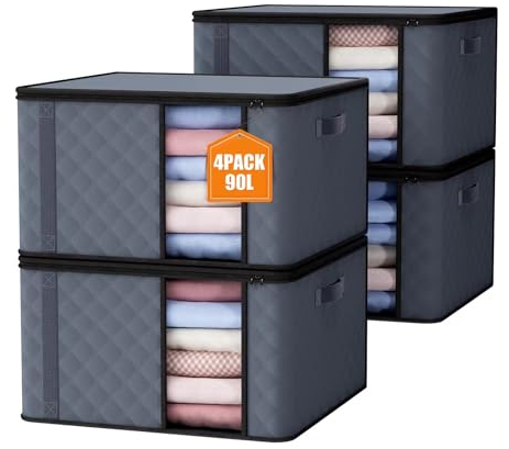 Auveir 4 piezas de bolsa de almacenamiento de 90L, caja de almacenamiento con tapa, grandes cajas de mudanza para ropa, mantas, edredones, almacenamiento bajo la cama, armario.