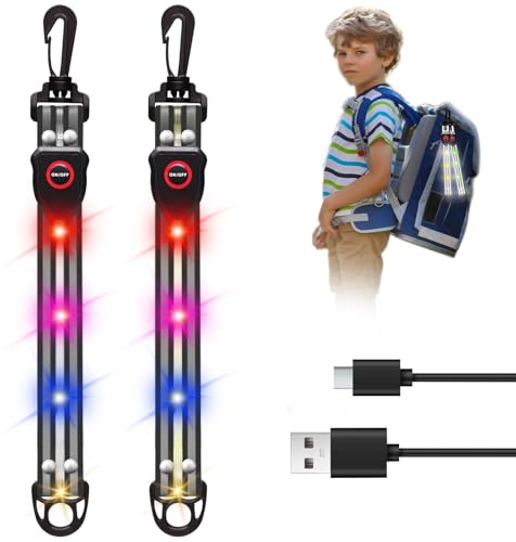 LED blinkande ljus skolväska – USB uppladdningsbar säkerhetsljus för barn skolväska – 2 stycken reflektorer hängen för ryggsäck skoter barnvagn (svart)