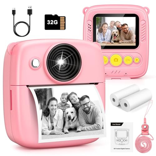 Kids Camera Instant Print, 1080P kids camera with 32GB Card & Print Paper, Large Screen Instant Camera Digital Video for Kids Toys Gifts for Boys & Girls Age 3-12 (Pink)
