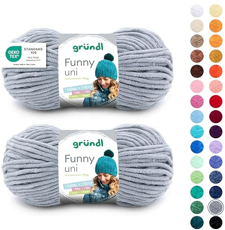 Gründl Wolle Funny uni - dicke weiche Chenille Wolle zum Häkeln - Häkelwolle - Strickwolle - Kuschelig und hautfreundlich - 100% Polyester - 2 Knäuel 100 g / 120 m - Nadelstärke 5-6 - Hellgrau