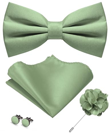 JEMYGINS Pajarita mate de color sólido para hombre con gemelos de pañuelo y conjunto de flores en el ojal, Verde grisáceo., M
