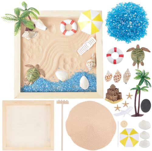 WEBEEDY Kit de Jardin Zen de Plage pour Bureau Mini Jardin Zen de Bureau avec Sable Arbre Artificiel Rochers et Accessoires Cadeaux de Décoration de Méditation Carré(15x15cm)