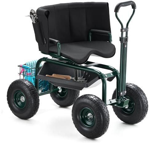 VEVOR Garden Seat with Wheels, Rolling Garden Stool with Height Adjustable & 360° Swivel Seat, 400lbs Weight Capacity, Gardening Cart Bench, Ergonomic Backrest & Tool Storage, for Garden, Yard, Patio