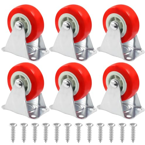 Murtenze 6 Pack Rigid No-Swivel Plate Caster Wheels, 2 inch Hard Rubber Caster Wheels with Screws, Red Plate Casters for Furniture, Workbench