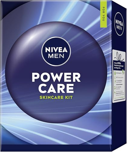 NIVEA MEN Power Care Geschenkset, Geschenk für Männer, Geschenkbox mit Duschgel (250 ml), Deo Roll-on (50 ml), Gesichtspflege (30 ml) und Augenpflege (15 ml)