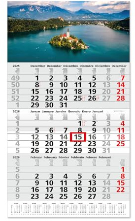 Timr calendario 3 mesi 2026 panoramica annuale 53 cm internazionale multilingue D GB F I E NL calendario da parete con cursore motivo lago I tr349