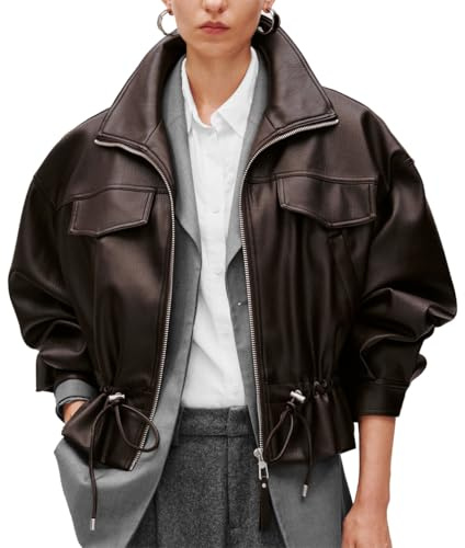 URBAN REVIVO Brown Cropped Faux Leather Jacket for Women, Belted Waist with Oversized Lapel, Windproof Motorcycle Style for Fall Winter Outfits, Medium