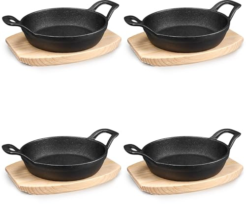 Set di 4 piccole padelle in ghisa con base in legno, 16 cm, mini padella in ghisa con 2 manici, rotonde in ghisa, per cottura a induzione, forno, fornello, cucina, cottura e arrosto