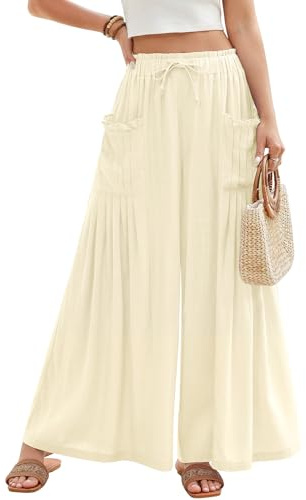 PASUDA Pantalon Femme Fluide Été Pantalons Lin à Jambes Larges Taille Haute Elastique Chic et Elegant Pantacourt Ample avec Cordon de Serrage Longueur Pants avec Plissé Poches