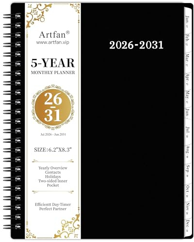 2026-2031 Monthly Planner/Calendar - Jul. 2026 - Jun. 2031, Monthly Planner, 5 Year, 6.2 x 8.3, Multi Year Calendar 2026-2031 with Twin-Wire Binding, Tabs, Storage Pocket - Black