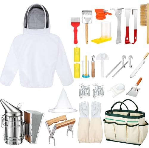 Leriton 30 Pcs Beekeeping Supplies Beehive Equipment Beekeeping Starter Kit Bee Keeper Supplies All with Jacket Beehive Kit Bee Smoker Uncapping Tool for Beginners Professional Beekeepers(Medium)
