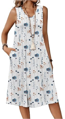 Zeagoo Beach Dresses for Women UK Ladies Summer Dresses Casual Sleeveless Sundresses Elegent V-Neck Midi Dress Floral Beach Dress with Pockets Flower White 3XL