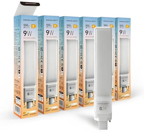 SINCELIGHT Bombilla LED PL de 9W, base G24 de 2 Pines, 1050 Lúmenes, Cabezal Giratorio de 180° para Instalación Enchufable, Bombilla de Tubo Horizontal, 4000K Blanco Neutro, Paquete de 6.